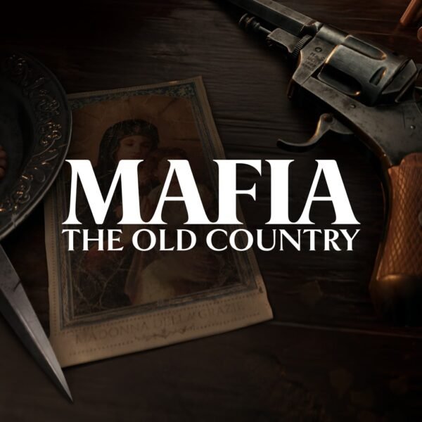 Логотип Mafia The Old Country на столе с револьвером