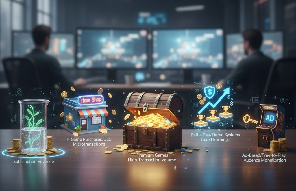 Сундук с золотом и иконки монетизации на столе