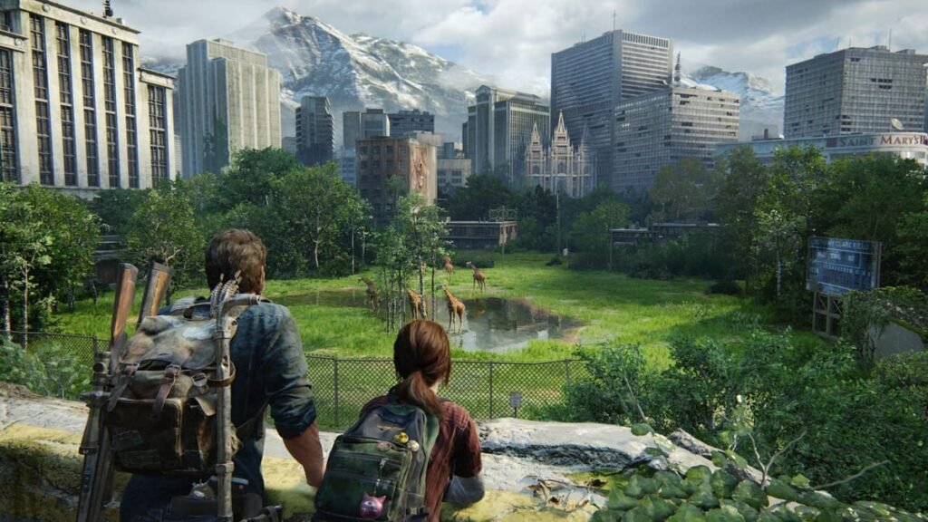 Джоэл и Элли из The Last of Us смотрят на жирафов в заросшем городе