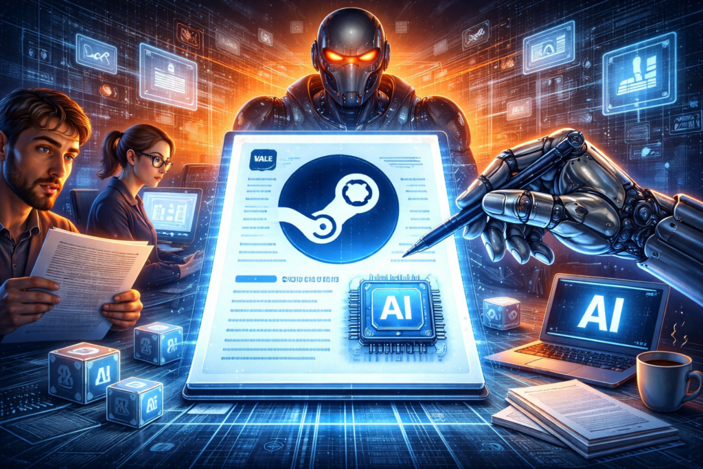 Роботизированная рука пишет на экране Steam в офисе