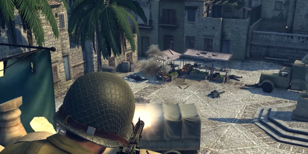 Солдат стреляет с балкона по рынку в городе