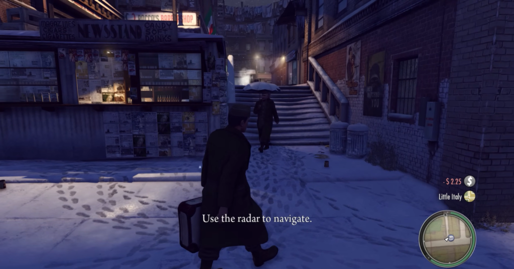 Персонаж Mafia II идет по снегу у киоска