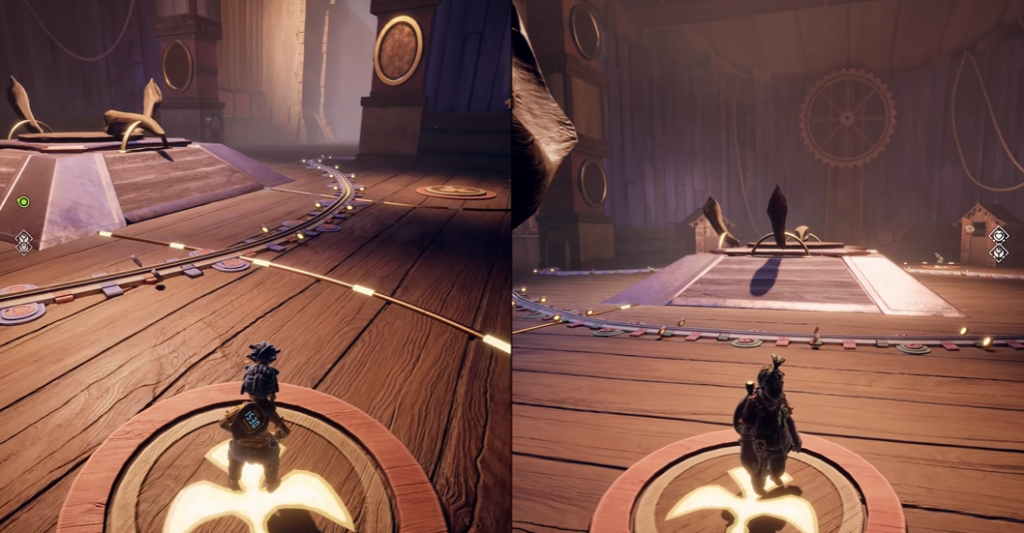 Мэй и Коди стоят на деревянной арене It Takes Two