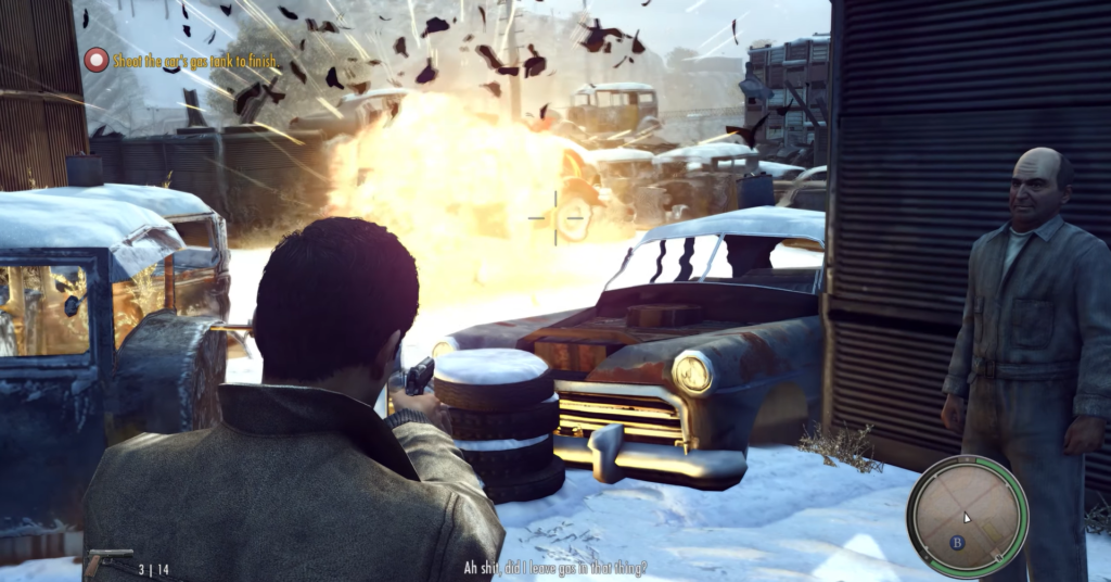 Вито Скалетта стреляет, взрыв машины на свалке зимой