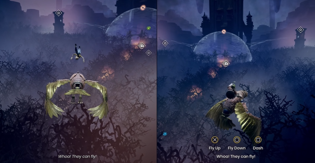 Мэй и Коди летят на птице над лесом