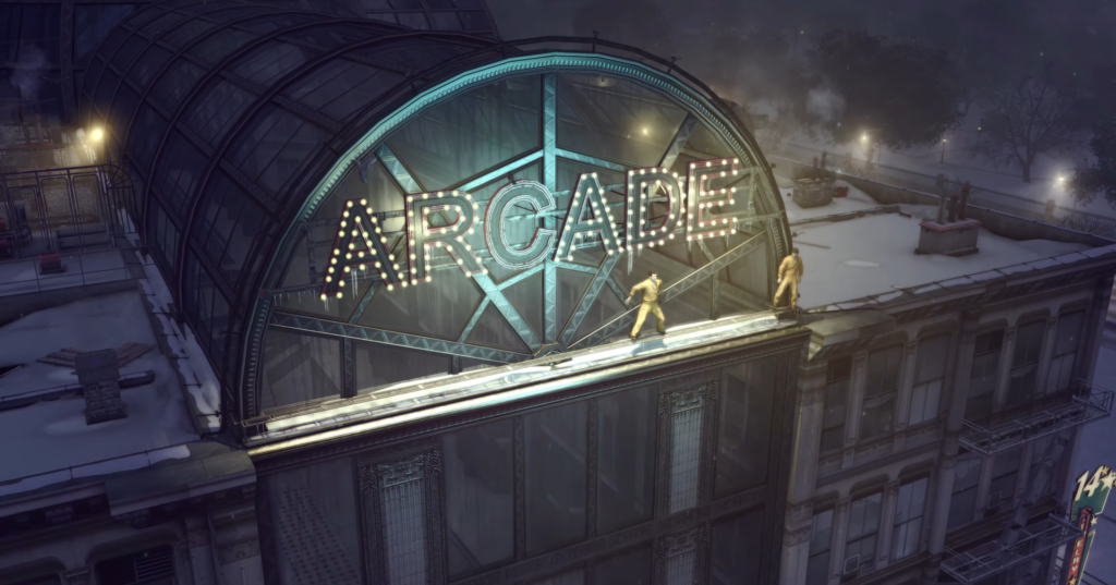 Двое мужчин стоят на крыше у вывески ARCADE