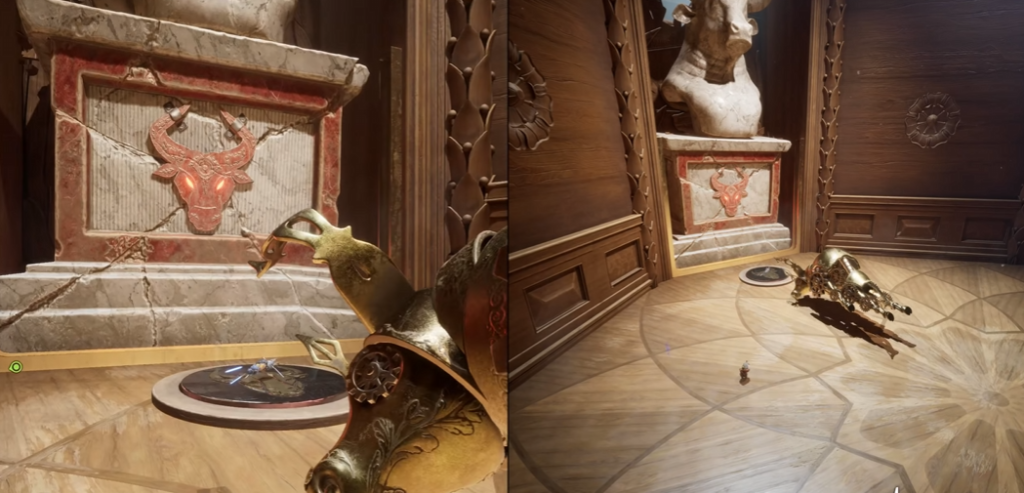 Маленький персонаж стоит рядом с золотой пушкой в зале