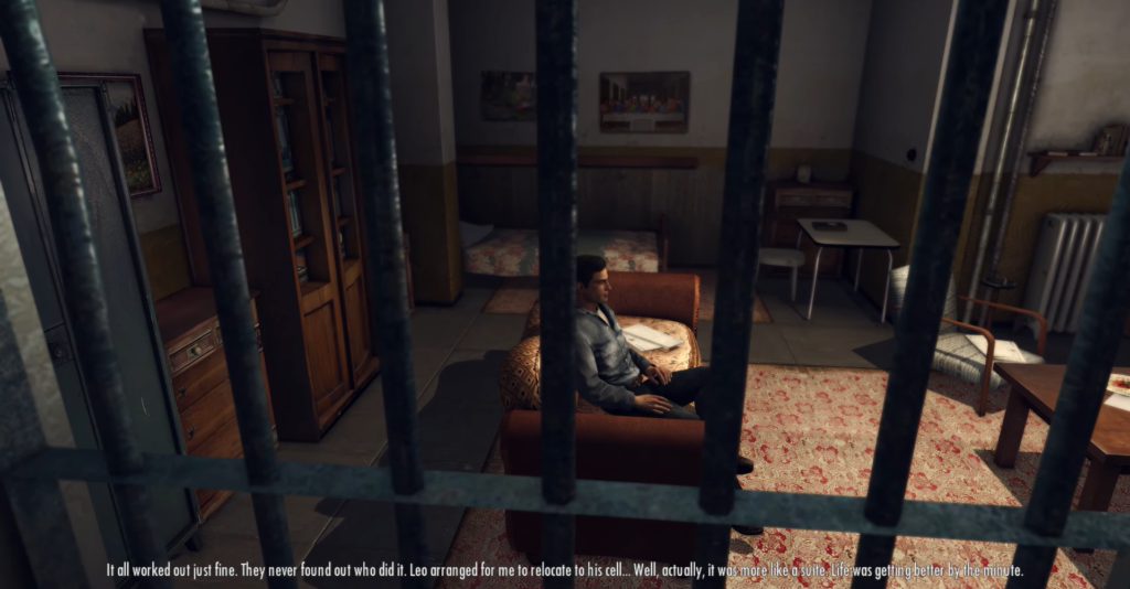 Вито Скалетта сидит на диване в камере Mafia II