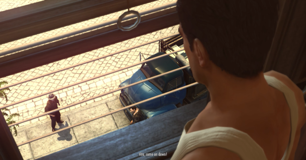 Вито Скалетта смотрит из окна на улицу Mafia II