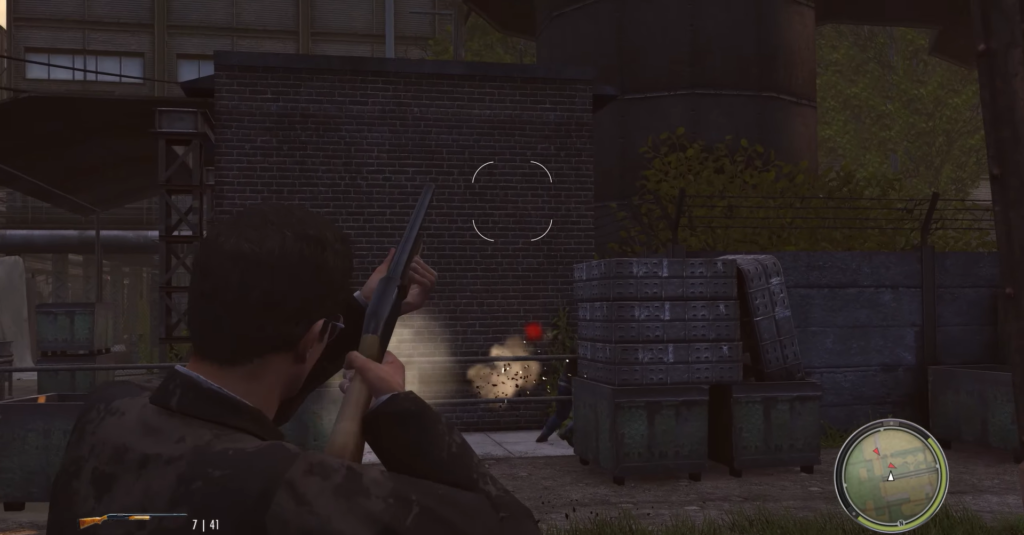 Персонаж целится из дробовика на заводской территории