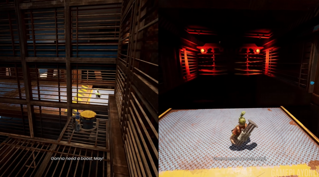 Персонажи It Takes Two стоят на металлических платформах