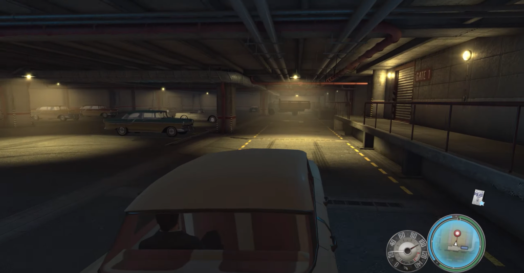 Автомобиль едет по подземной парковке в Mafia II