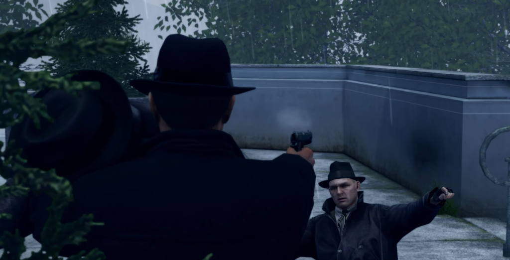 Мужчина целится пистолетом в мужчину на крыше