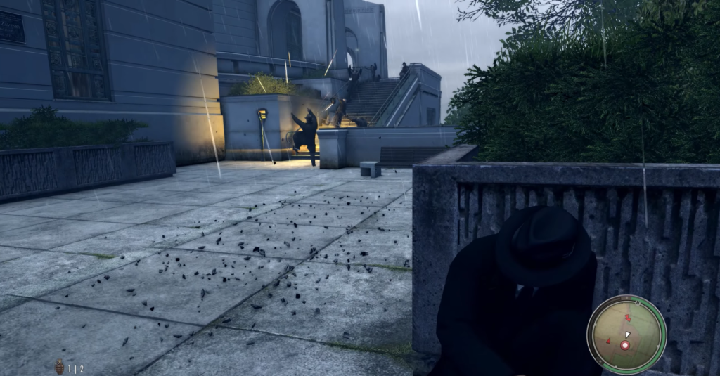 Перестрелка у лестницы во дворе под дождём в Mafia II
