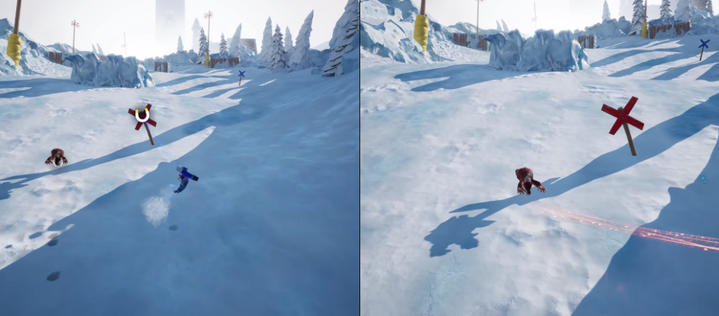 Сноубордист спускается по снежному склону у красного знака