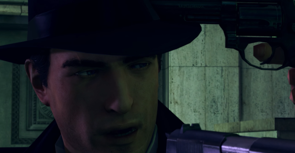 Мужчина в шляпе целится пистолетом в помещении