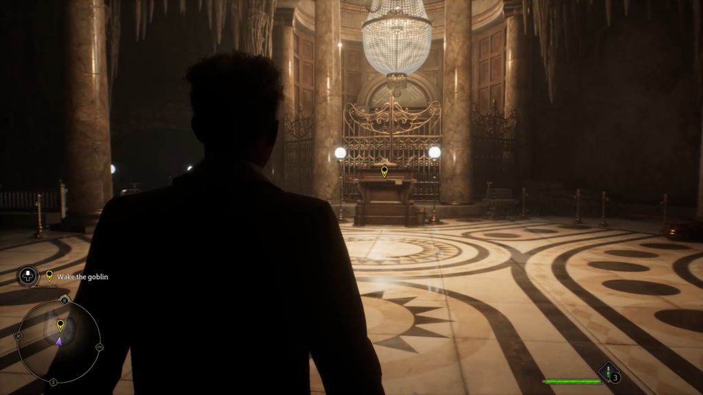 Персонаж идёт по залу банка в Hogwarts Legacy