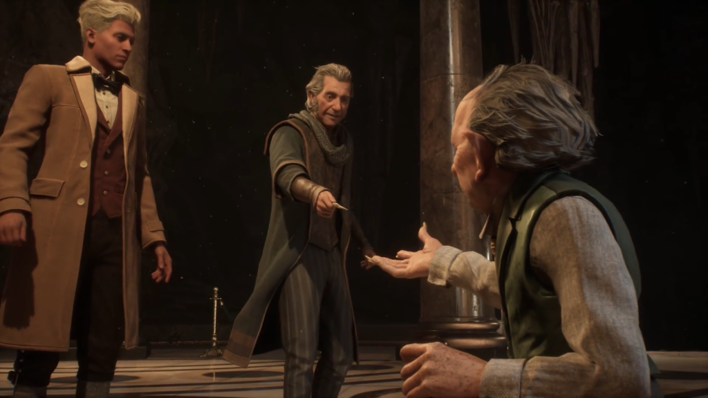 Персонажи Hogwarts Legacy разговаривают в зале с колоннами