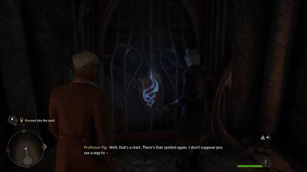 Профессор Фиг осматривает дверь хранилища в Hogwarts Legacy