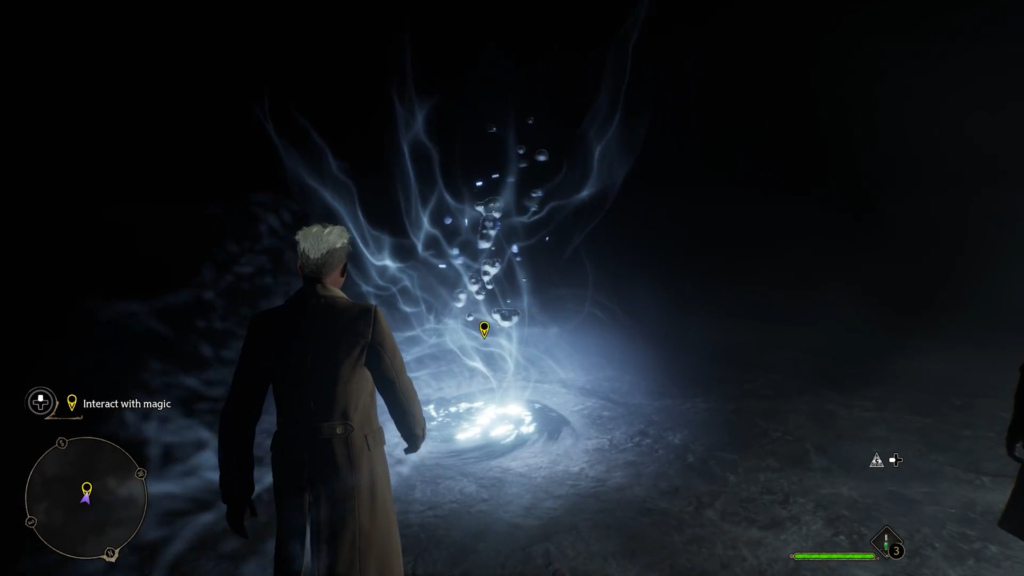 Персонаж взаимодействует с магией в пещере Hogwarts Legacy