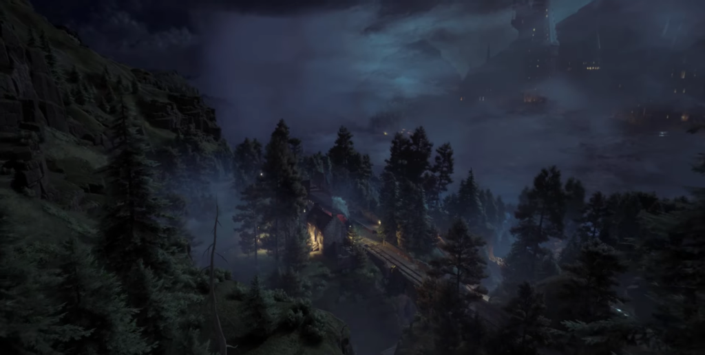 Освещённый дом у железной дороги в туманном лесу