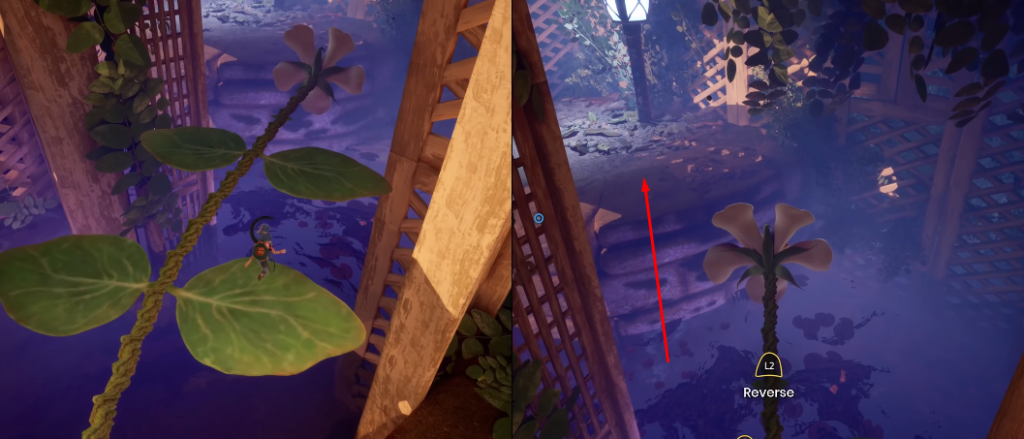 Персонаж It Takes Two прыгает по листьям в саду