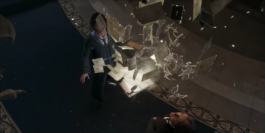 Ученик колдует, книги и страницы взлетают в зале