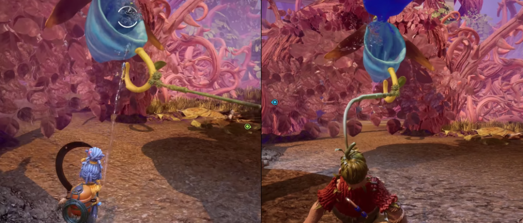 Мэй и Коди из It Takes Two тянут растение в лесу