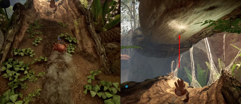 Персонаж карабкается по стволу дерева в лесу