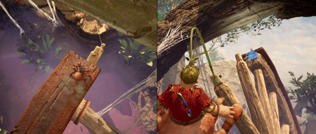 Персонаж It Takes Two прыгает по бревнам в лесу