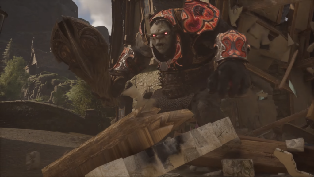 Огр в красной броне ломает деревянную стену