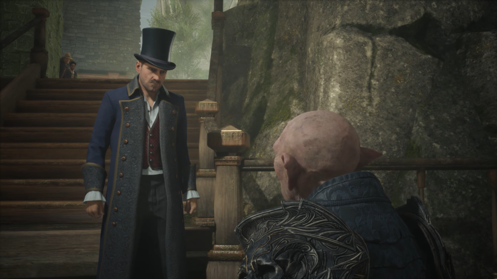 Шерлок Холмс разговаривает с лысым мужчиной у лестницы