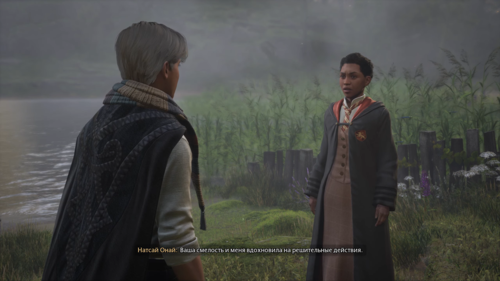 Натсай Онай разговаривает у озера в Hogwarts Legacy