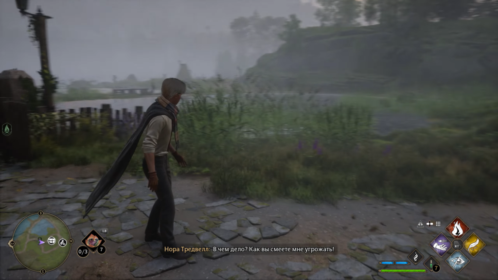 Персонаж идет по тропе у озера в Hogwarts Legacy