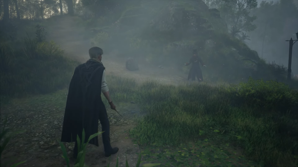 Волшебник с палочкой идет по туманной тропе