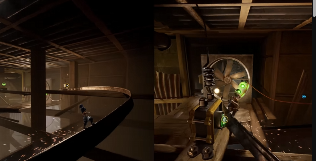 Персонажи It Takes Two бегут по мастерской с вентилятором