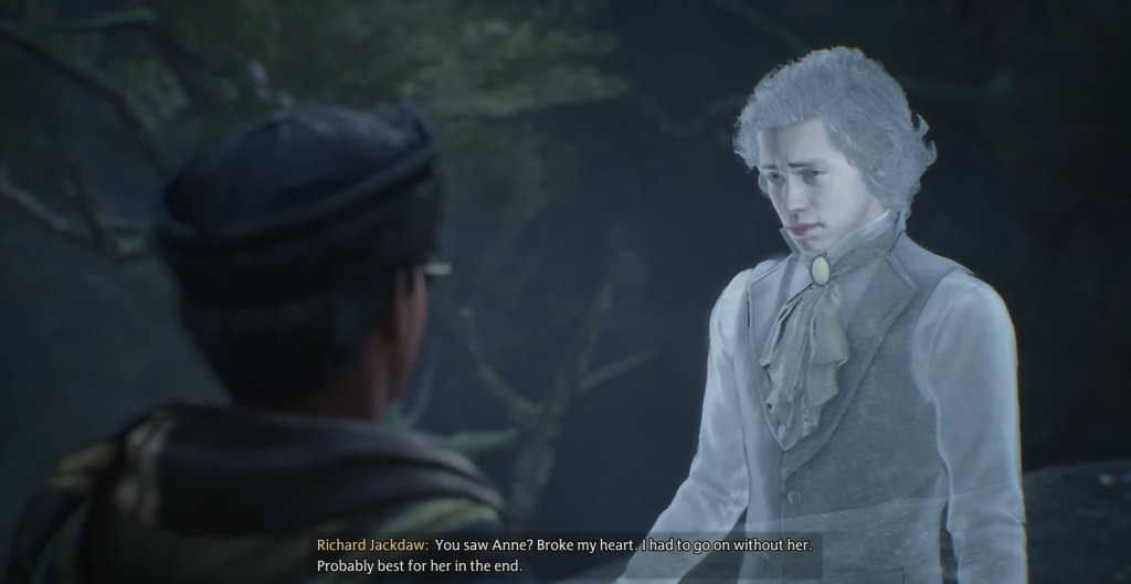 Призрак Ричарда Джекдоу разговаривает в лесу Hogwarts Legacy