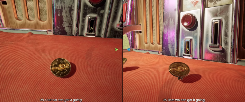 Золотая монета катится по красному полу у двери