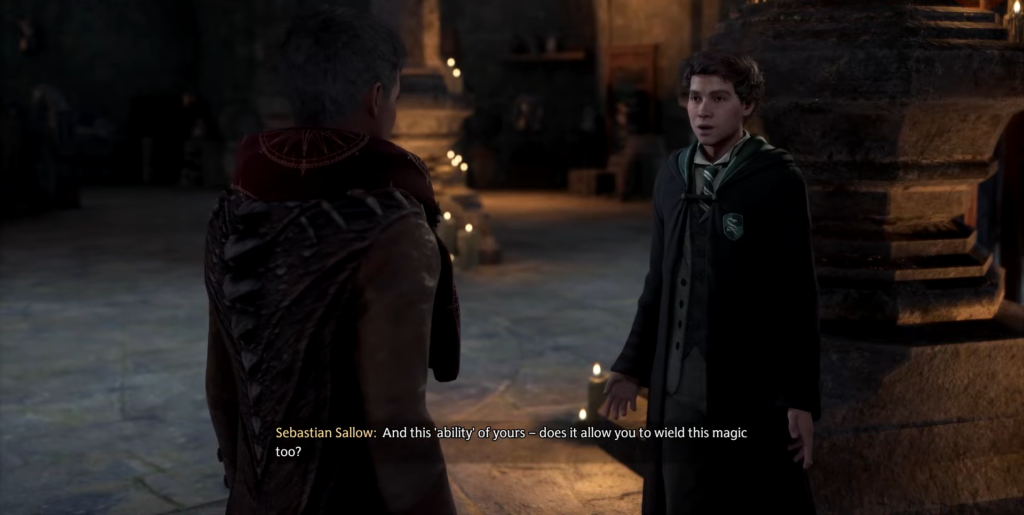 Себастьян Сэллоу разговаривает в коридоре Хогвартса, Hogwarts Legacy