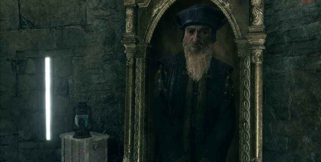 Бородатый мужчина стоит в арке каменной комнаты