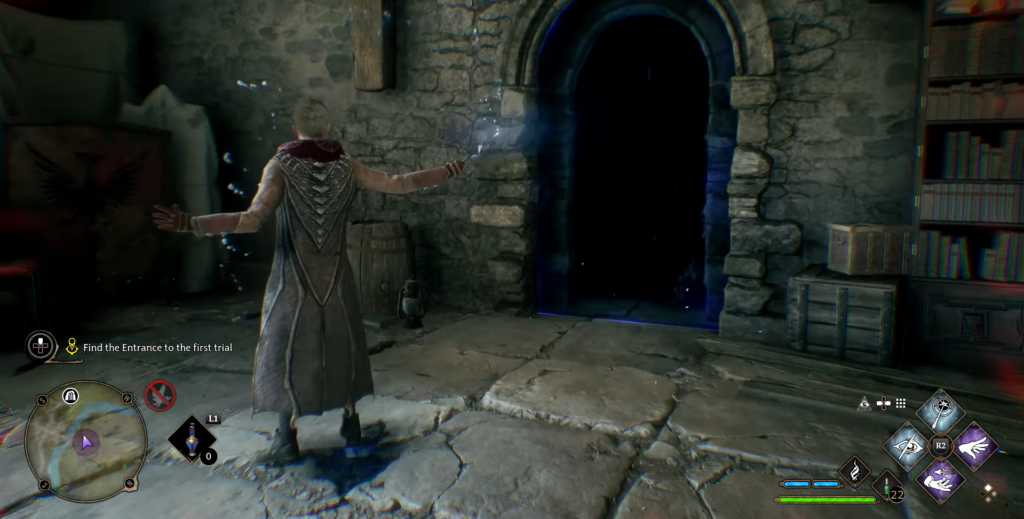 Волшебник применяет магию у портала в Hogwarts Legacy