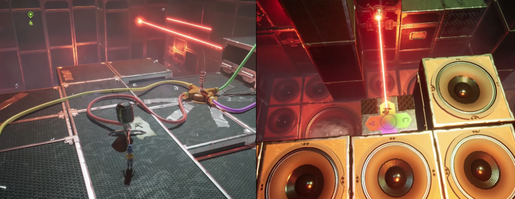 Микрофон и провода на платформе, лазер над колонками