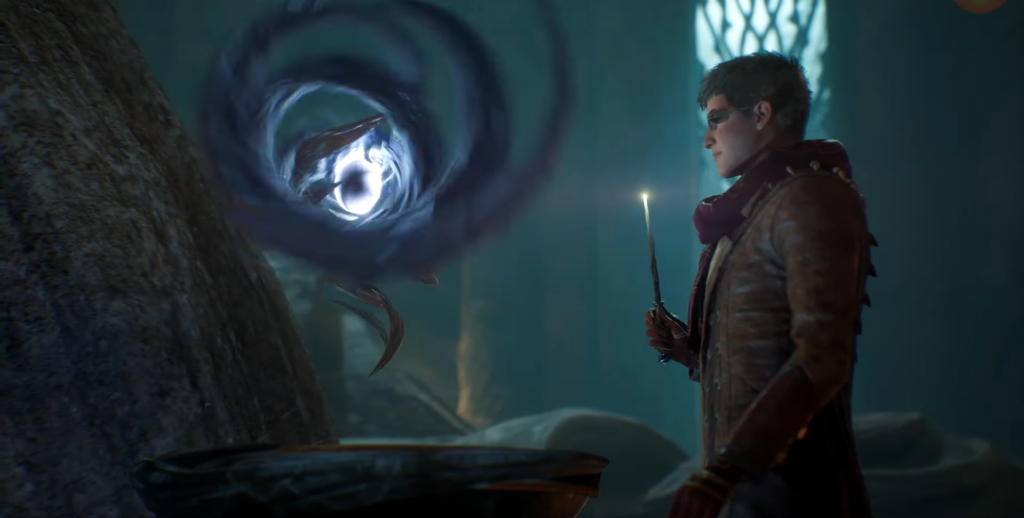 Волшебник держит палочку рядом с порталом в комнате