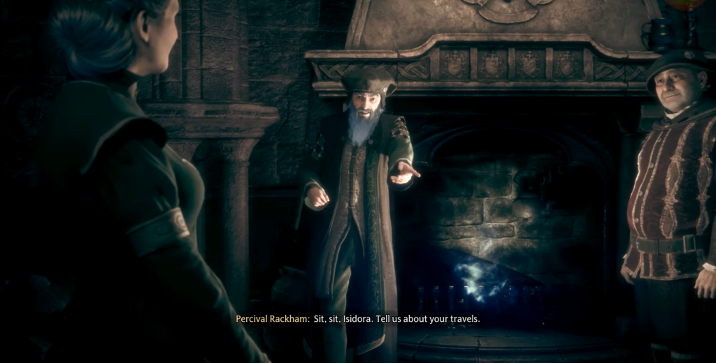 Персиваль Рэкхэм указывает рукой у камина в Хогвартсе