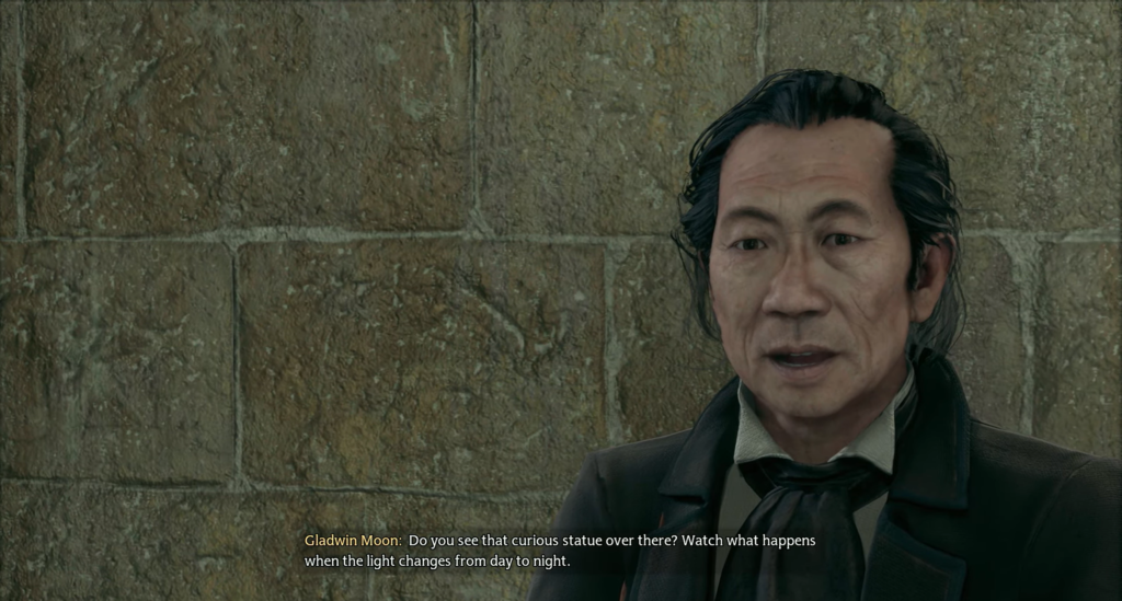 Гладвин Мун говорит у каменной стены в Hogwarts Legacy