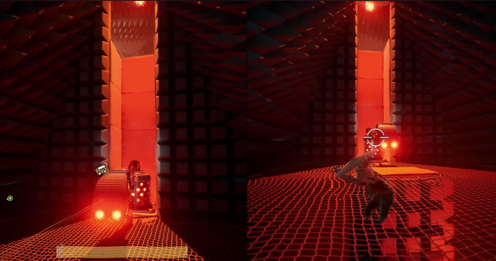 Персонаж целится в робота в красной комнате