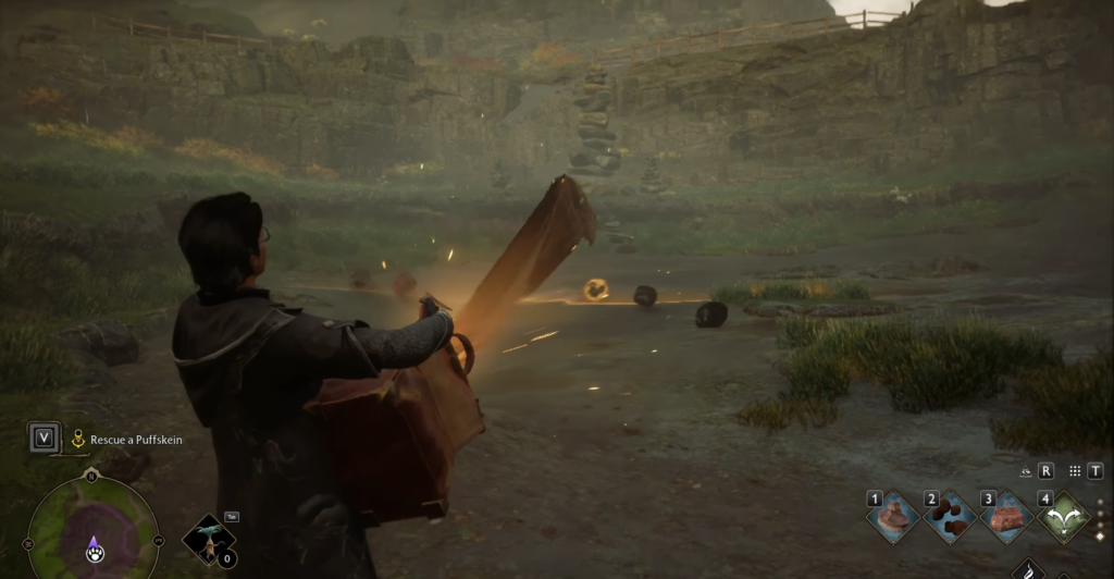 Волшебник применяет заклинание в болотистой долине Hogwarts Legacy