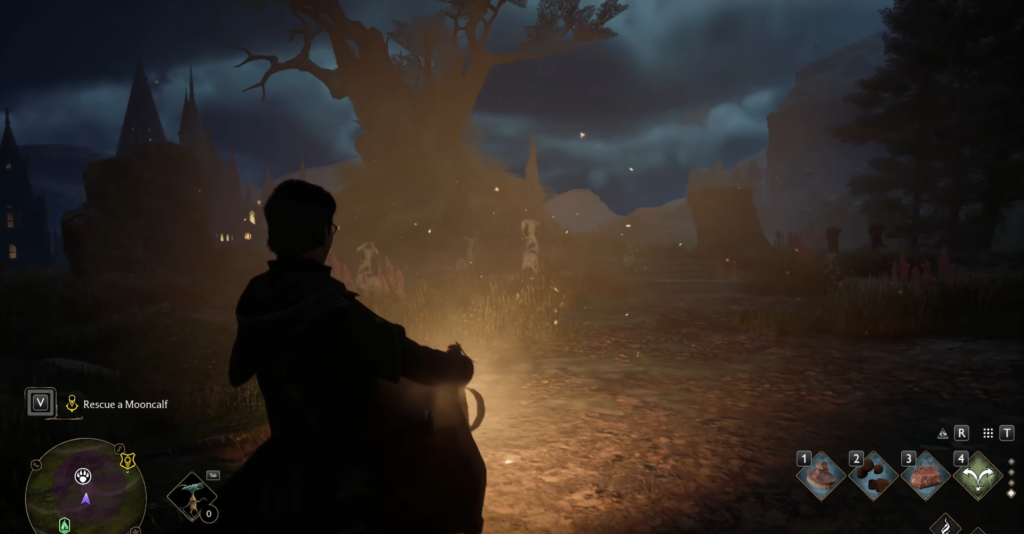 Всадник едет ночью по дороге в Hogwarts Legacy