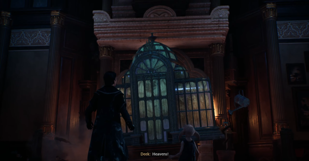 Персонажи стоят перед стеклянной дверью в зале