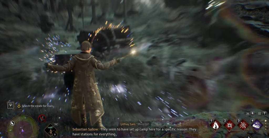 Волшебник применяет заклинание в лесу Hogwarts Legacy